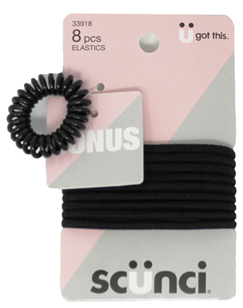 Scunci No Damage Black Elastics with Bonus Spiral Ponytailer, 8 pcs